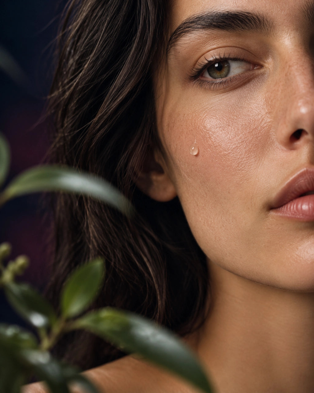 Water and creamy cleanser swirl on a dark, softly lit surface with crimson petals