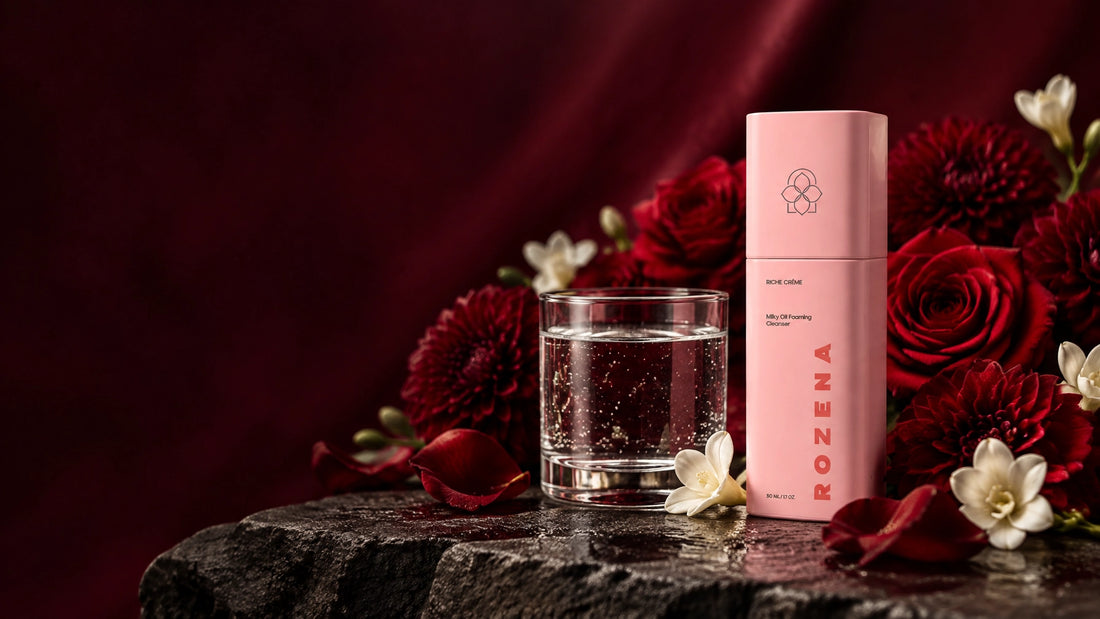 A clear glass of micellar water beside the soft pink Rozena Milky Oil Foaming Cleanser bottle on stone, surrounded by deep cr