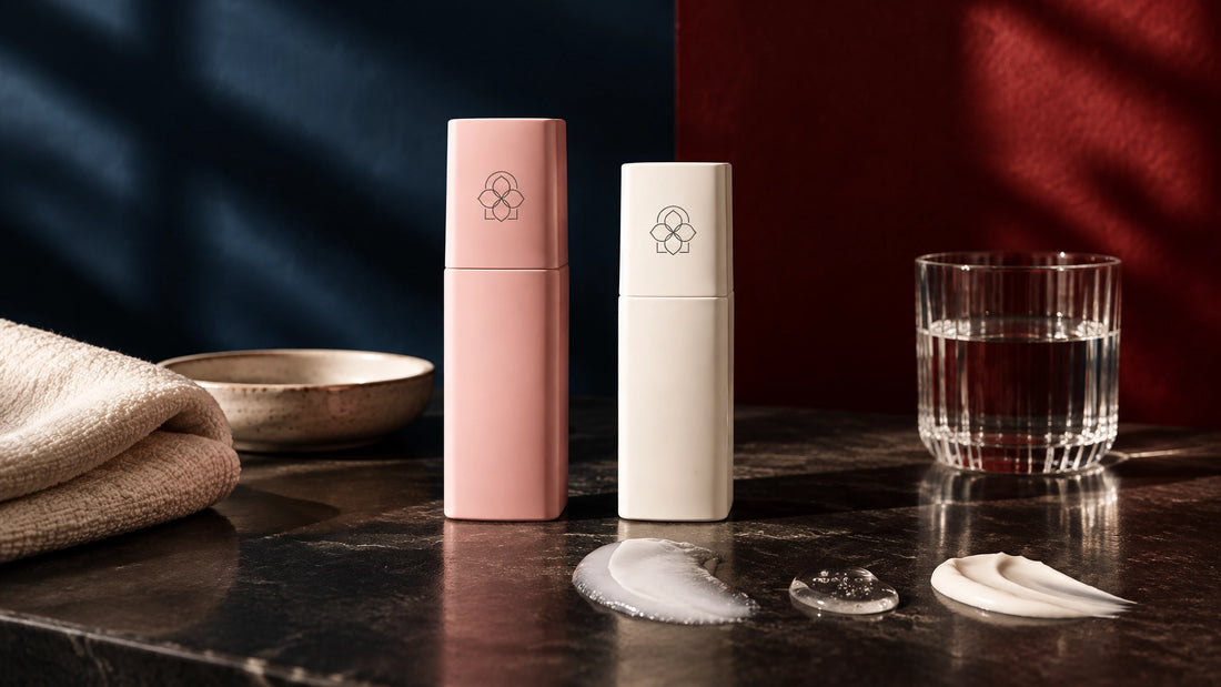 Elegant skincare layering ritual with cleanser, serum, moisturizer, and water on a moody jewel-tone vanity