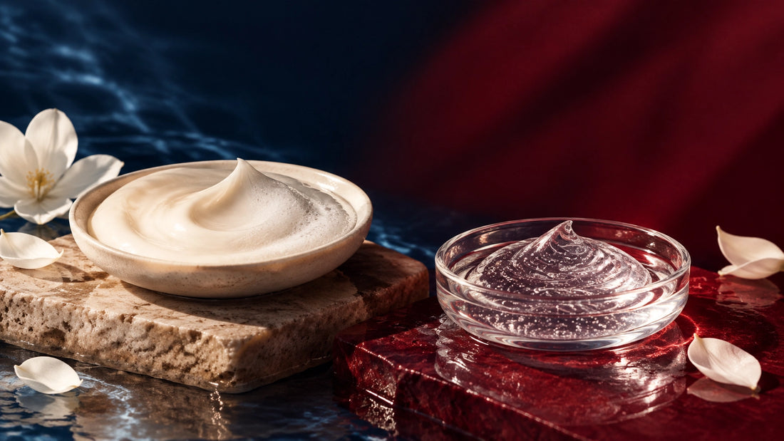 Milky and gel cleanser textures arranged in a refined, moody skincare still life